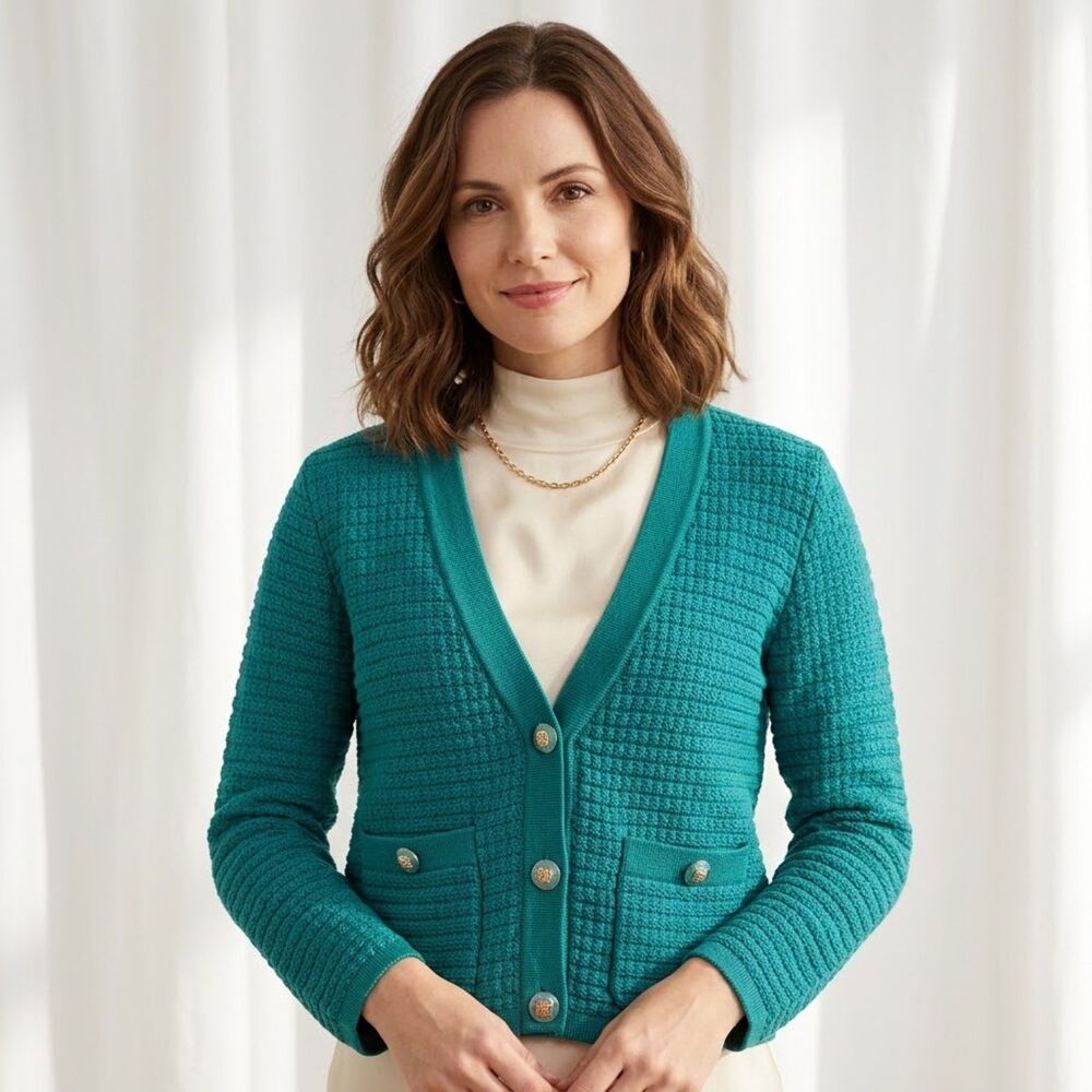 Talbots Kate Cardigan Sweater S Green Gold Crest Buttons Luxury Classic Preppy
